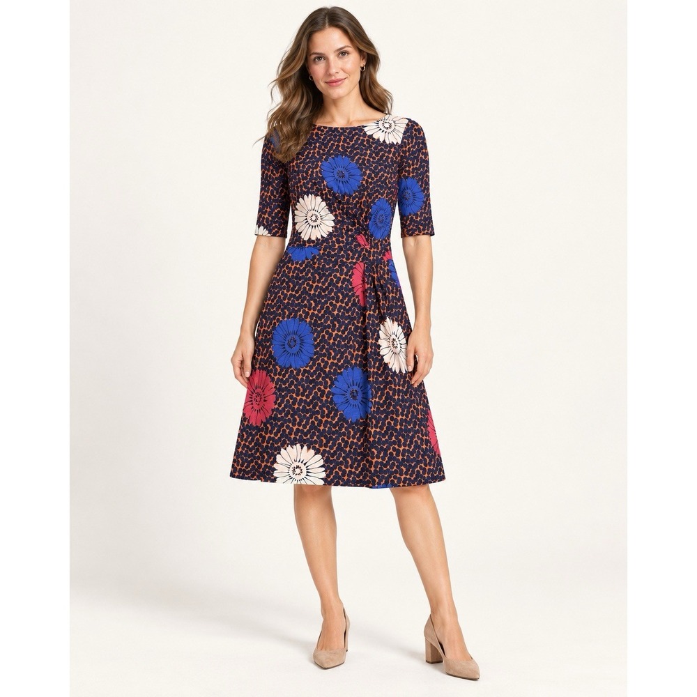 Boden Annie Dress Womens 4P Orange Navy Floral Fit Flare Tencel Jersey Midi